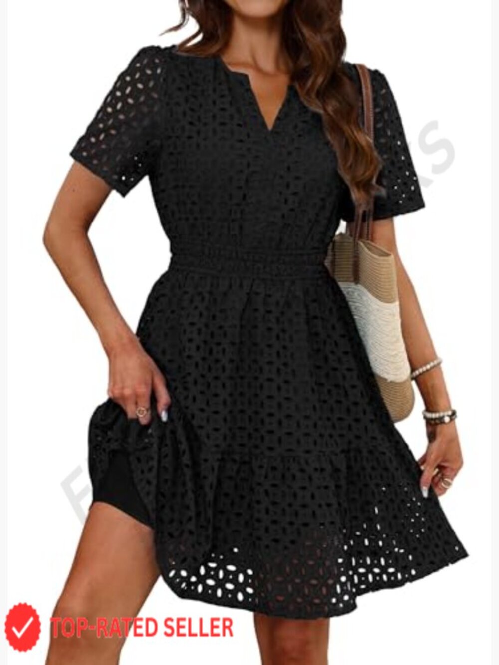 Summer V Neck Eyelet Lace A Line Mini Dress Short Puff Sleeve Ruffle Hem - Picture 4 of 7